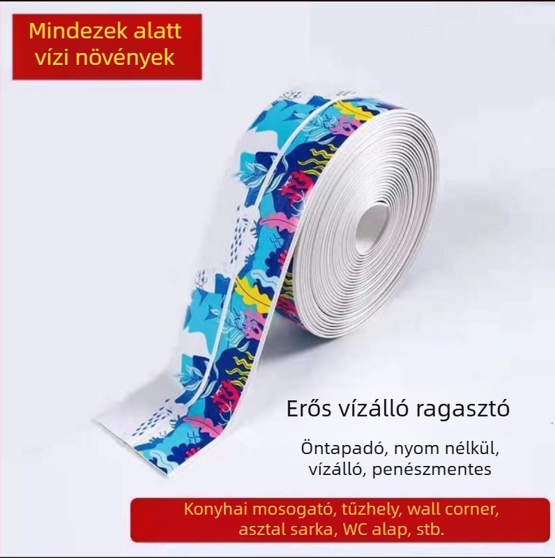 PVC falikép matrica konyha és fürdőszoba számára — vízálló, penész-ellenálló, anti-fouling; öntapadós; minták: csíkok, egyszínű, szív, növények.