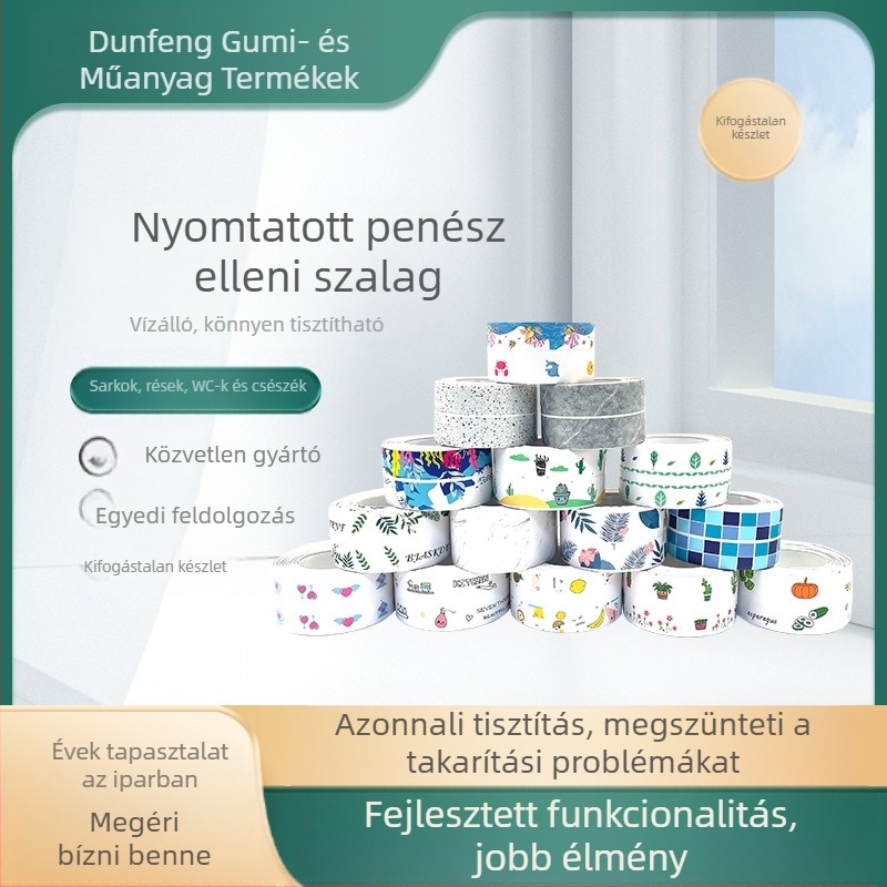 PVC falikép matrica konyha és fürdőszoba számára — vízálló, penész-ellenálló, anti-fouling; öntapadós; minták: csíkok, egyszínű, szív, növények.