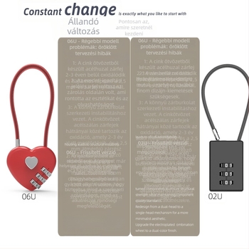 Szív alakú mechanikus jelszavas zár 06U – cinkötvözet, iskola táska, poggyász és tornazsák számára; 4 mm zárókar vastagság, 15 mm rúd távolság