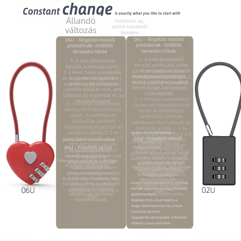 Szív alakú mechanikus jelszavas zár 06U – cinkötvözet, iskola táska, poggyász és tornazsák számára; 4 mm zárókar vastagság, 15 mm rúd távolság