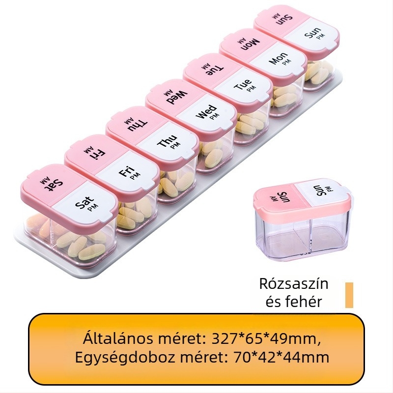 A-273 Gyógyszeres doboz, 7 napos, 14 rekeszes, műanyag (PC+PP), porálló, 1L