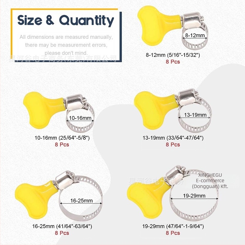 201 rozsdamentes acél fogantyús tömlőbilincs – névleges Ø8–29 mm, rögzítő Ø4–10 mm, cső rögzítéséhez, Galaxy Valley