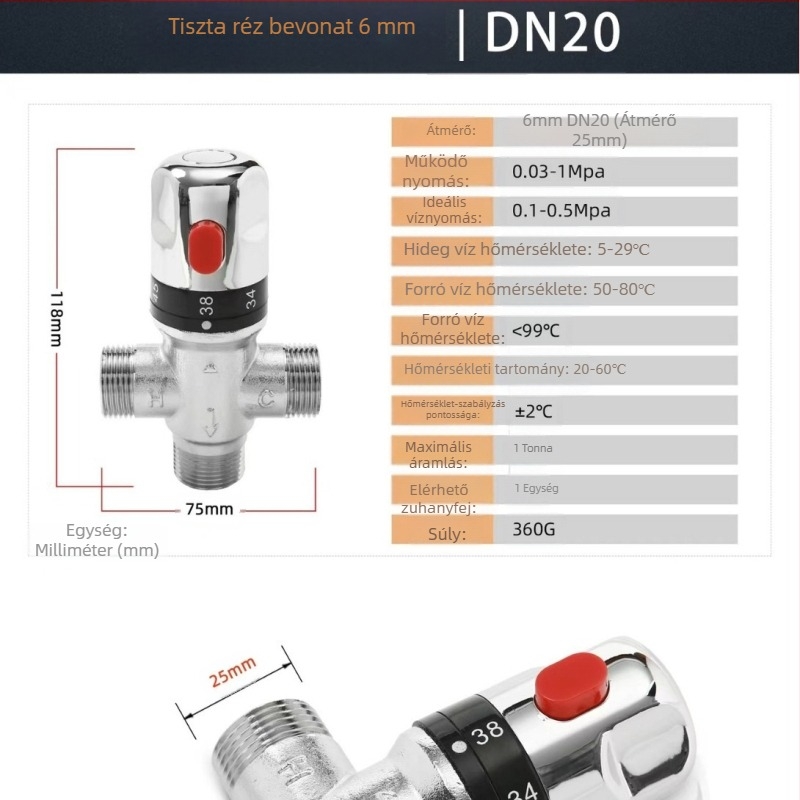 Sárgarézből készített termosztatikus keverőcsap konyha és fürdőszoba számára, kimenet G1/2, 0,1–1 MPa, hideg 0–30°C, meleg 45–80°C