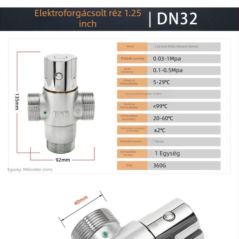 Sárgarézből készített termosztatikus keverőcsap konyha és fürdőszoba számára, kimenet G1/2, 0,1–1 MPa, hideg 0–30°C, meleg 45–80°C