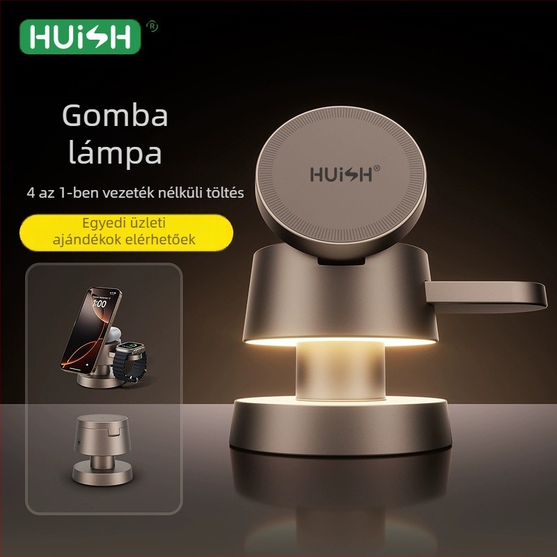 Alumínium ötvözetből készült négy az egyben asztali vezeték nélküli töltő olvasólámpa gomba alakú dizájnnal, kompatibilis Apple mágneses hajtogatható töltővel QC3.0 15W kijelző nélkül CE FCC ROHS