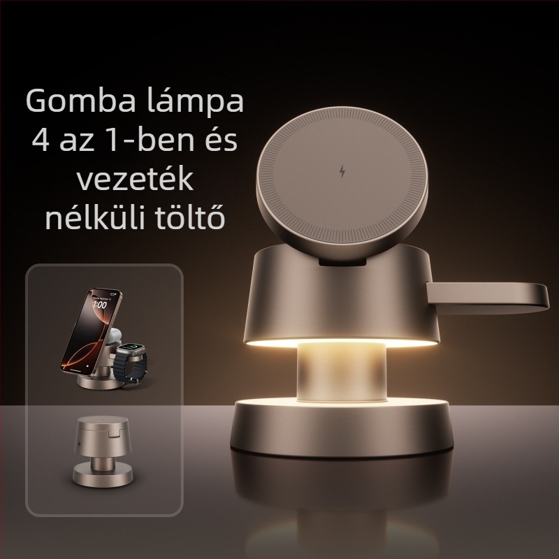 Alumínium ötvözetből készült négy az egyben asztali vezeték nélküli töltő olvasólámpa gomba alakú dizájnnal, kompatibilis Apple mágneses hajtogatható töltővel QC3.0 15W kijelző nélkül CE FCC ROHS