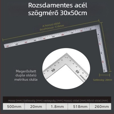 L-alakú szögmérő, magas széntartalmú acélból, szögmeghatározáshoz, 1 mm pontossággal, testreszabható