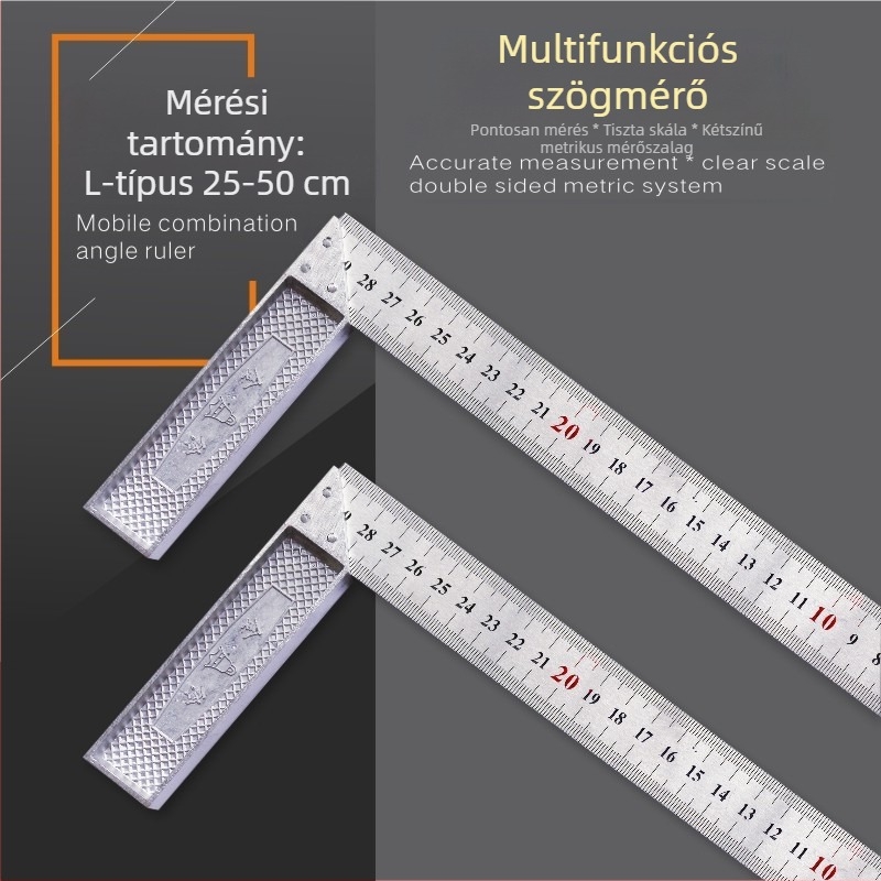 L-alakú szögmérő, magas széntartalmú acélból, szögmeghatározáshoz, 1 mm pontossággal, testreszabható