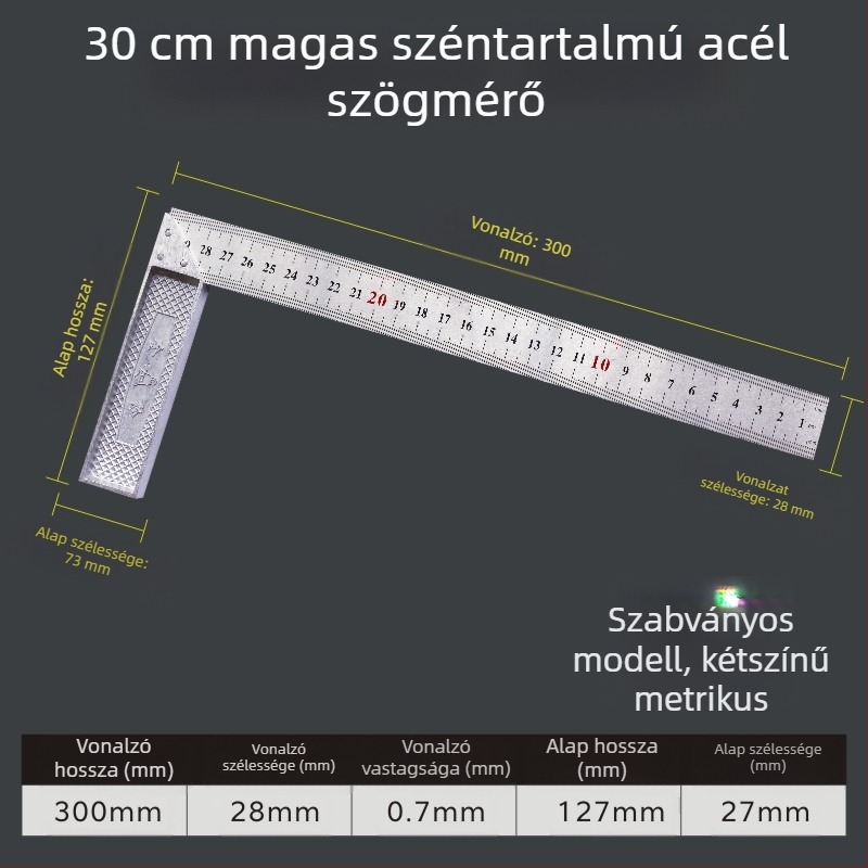 L-alakú szögmérő, magas széntartalmú acélból, szögmeghatározáshoz, 1 mm pontossággal, testreszabható