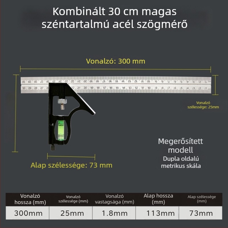L-alakú szögmérő, magas széntartalmú acélból, szögmeghatározáshoz, 1 mm pontossággal, testreszabható