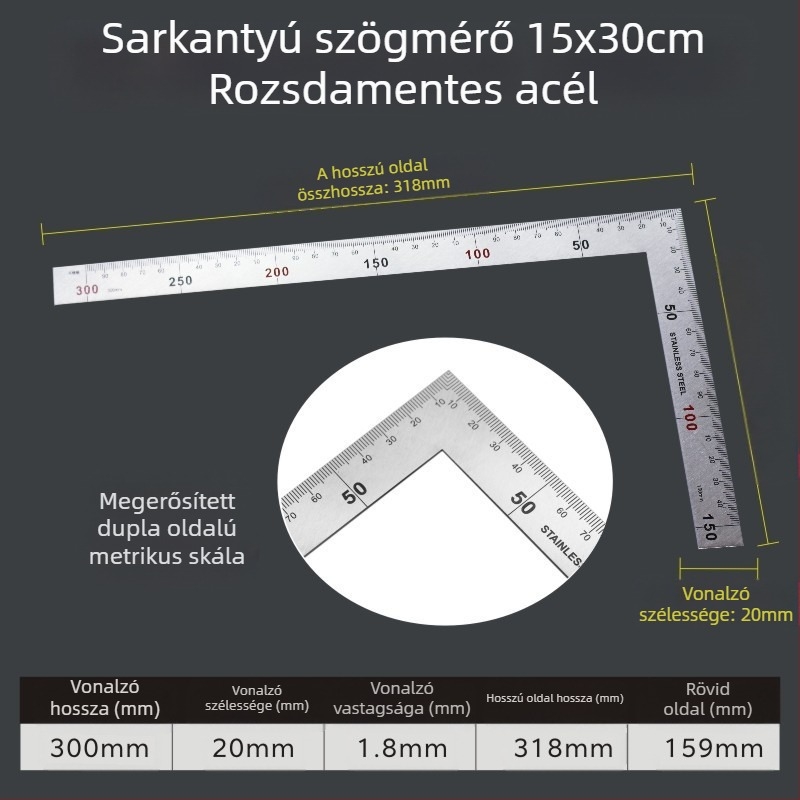 L-alakú szögmérő, magas széntartalmú acélból, szögmeghatározáshoz, 1 mm pontossággal, testreszabható