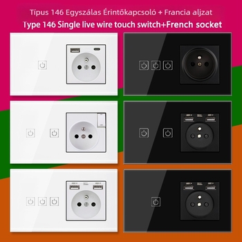 146-típusú érintő-panel 1/2/3 kapcsolóval, francia szabványú kettős USB aljzat, falon történő szerelés, 16A