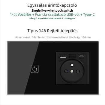 146-típusú érintő-panel 1/2/3 kapcsolóval, francia szabványú kettős USB aljzat, falon történő szerelés, 16A