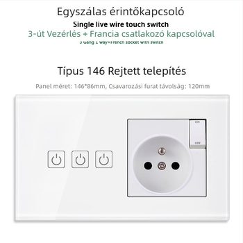 146-típusú érintő-panel 1/2/3 kapcsolóval, francia szabványú kettős USB aljzat, falon történő szerelés, 16A
