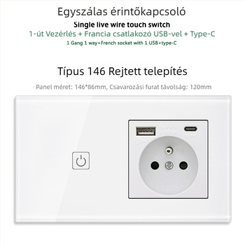 146-típusú érintő-panel 1/2/3 kapcsolóval, francia szabványú kettős USB aljzat, falon történő szerelés, 16A