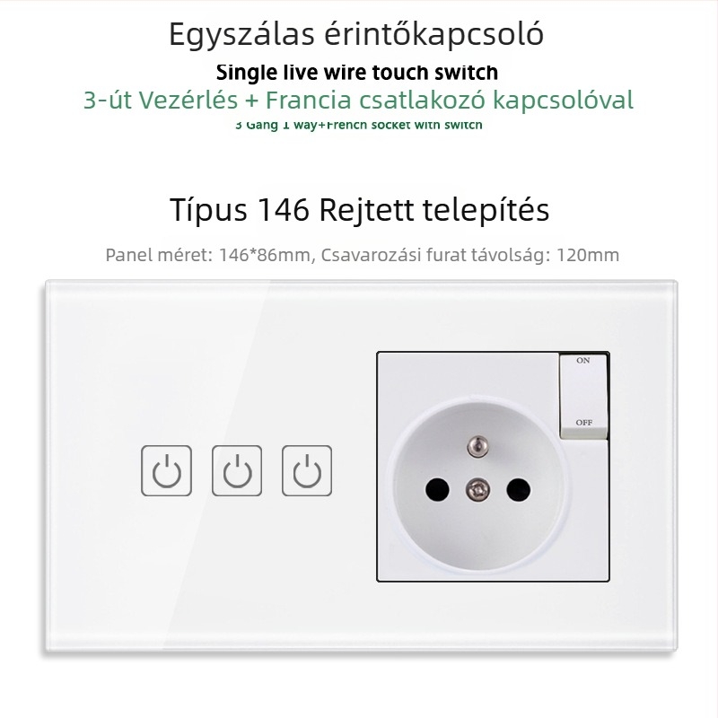 146-típusú érintő-panel 1/2/3 kapcsolóval, francia szabványú kettős USB aljzat, falon történő szerelés, 16A