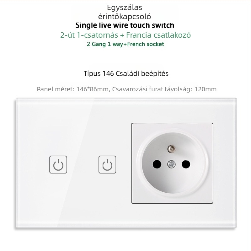146-típusú érintő-panel 1/2/3 kapcsolóval, francia szabványú kettős USB aljzat, falon történő szerelés, 16A