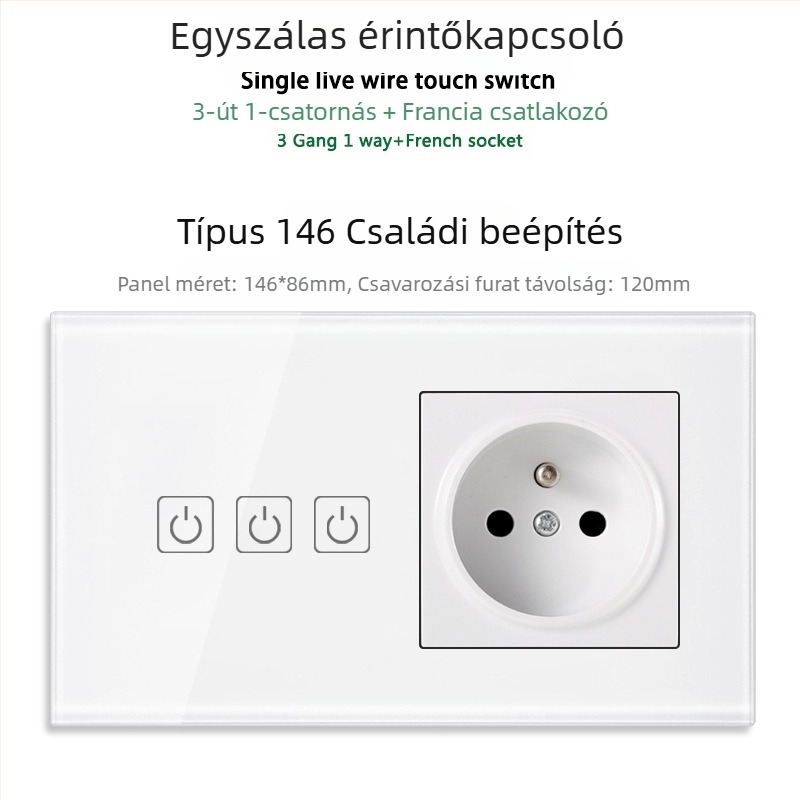 146-típusú érintő-panel 1/2/3 kapcsolóval, francia szabványú kettős USB aljzat, falon történő szerelés, 16A
