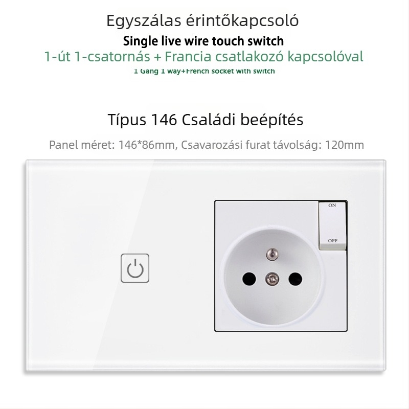 146-típusú érintő-panel 1/2/3 kapcsolóval, francia szabványú kettős USB aljzat, falon történő szerelés, 16A