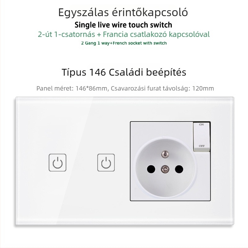 146-típusú érintő-panel 1/2/3 kapcsolóval, francia szabványú kettős USB aljzat, falon történő szerelés, 16A