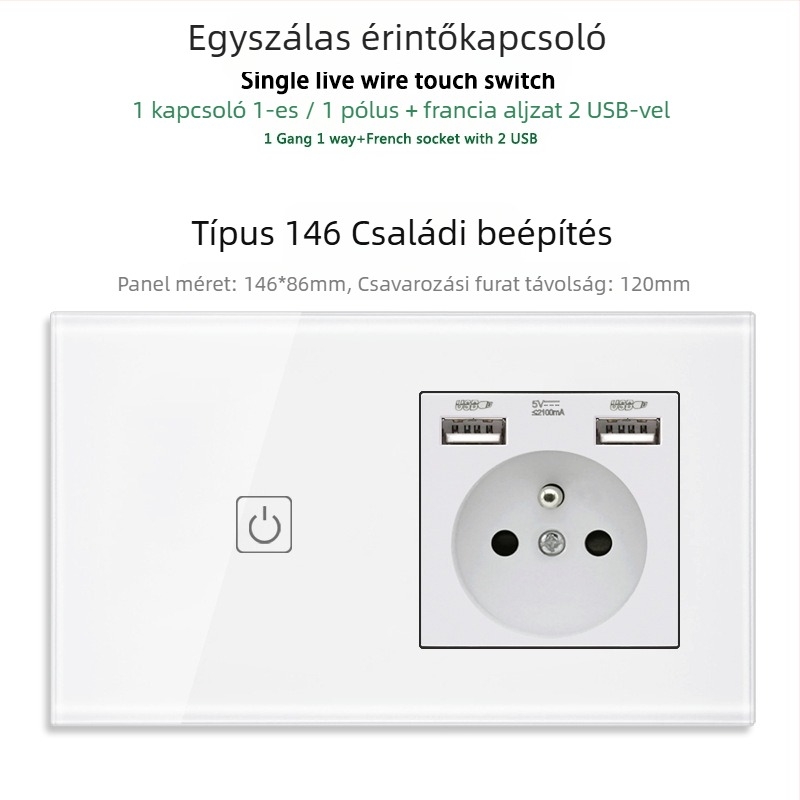 146-típusú érintő-panel 1/2/3 kapcsolóval, francia szabványú kettős USB aljzat, falon történő szerelés, 16A