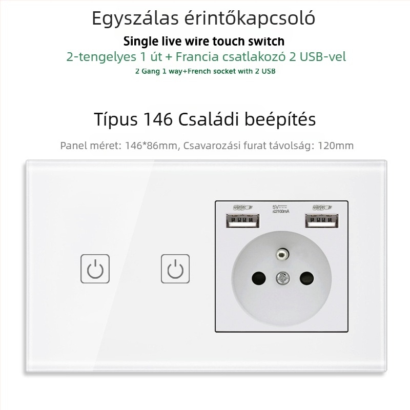 146-típusú érintő-panel 1/2/3 kapcsolóval, francia szabványú kettős USB aljzat, falon történő szerelés, 16A