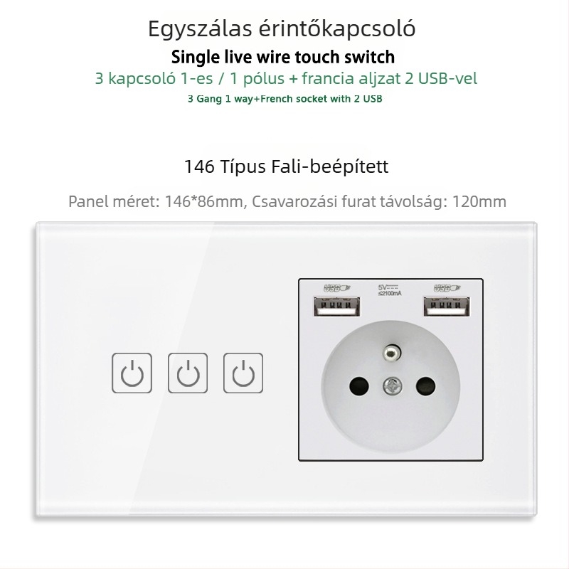 146-típusú érintő-panel 1/2/3 kapcsolóval, francia szabványú kettős USB aljzat, falon történő szerelés, 16A