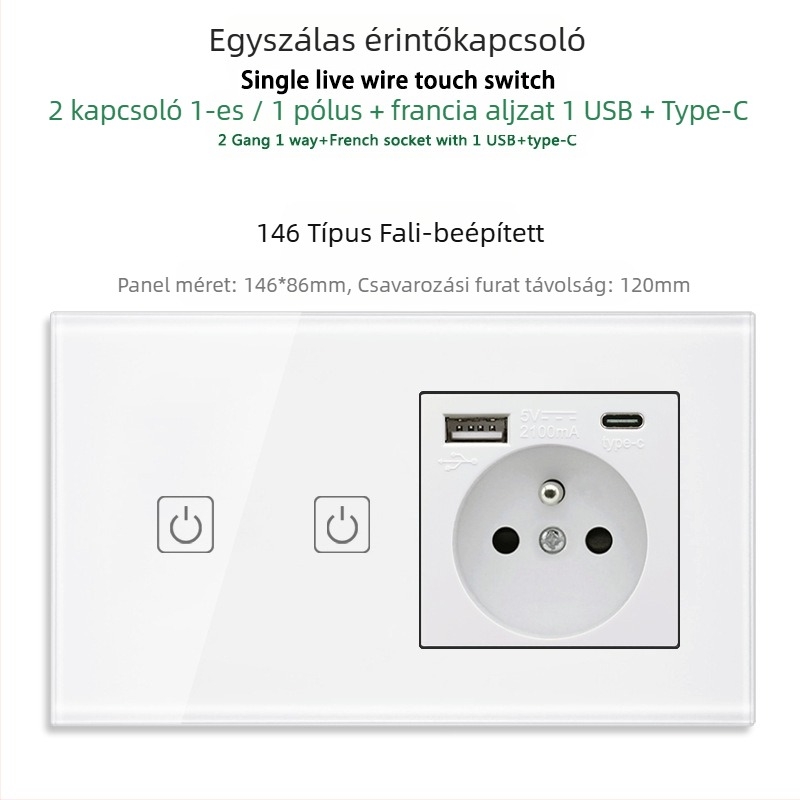 146-típusú érintő-panel 1/2/3 kapcsolóval, francia szabványú kettős USB aljzat, falon történő szerelés, 16A