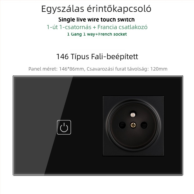 146-típusú érintő-panel 1/2/3 kapcsolóval, francia szabványú kettős USB aljzat, falon történő szerelés, 16A