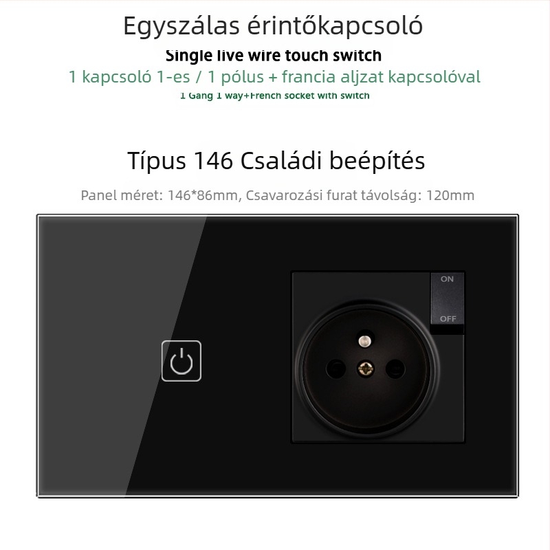 146-típusú érintő-panel 1/2/3 kapcsolóval, francia szabványú kettős USB aljzat, falon történő szerelés, 16A