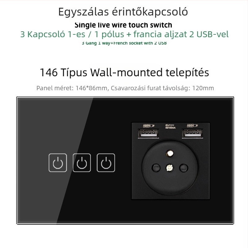 146-típusú érintő-panel 1/2/3 kapcsolóval, francia szabványú kettős USB aljzat, falon történő szerelés, 16A