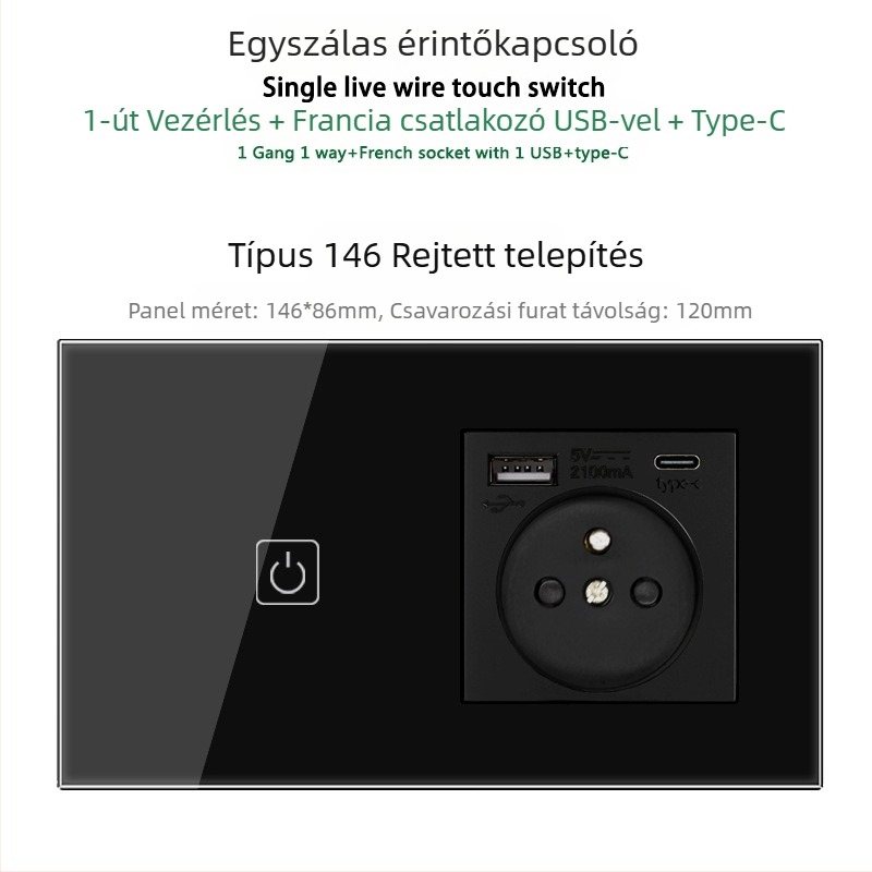 146-típusú érintő-panel 1/2/3 kapcsolóval, francia szabványú kettős USB aljzat, falon történő szerelés, 16A