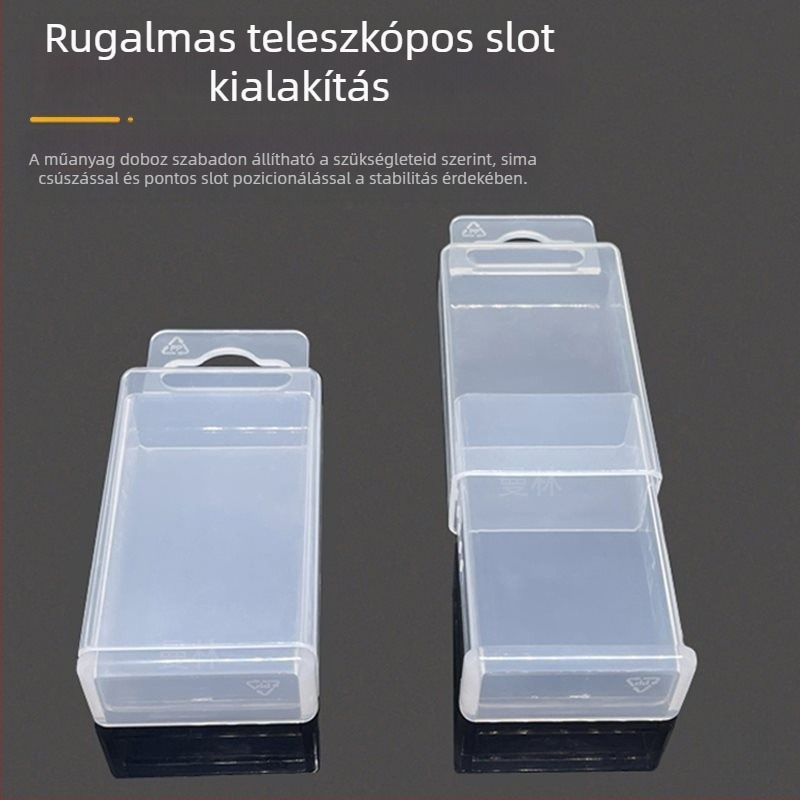 Teleszkópos, téglalap alakú tárolódoboz fúrófejek és marók számára, anti-statikus műanyagból