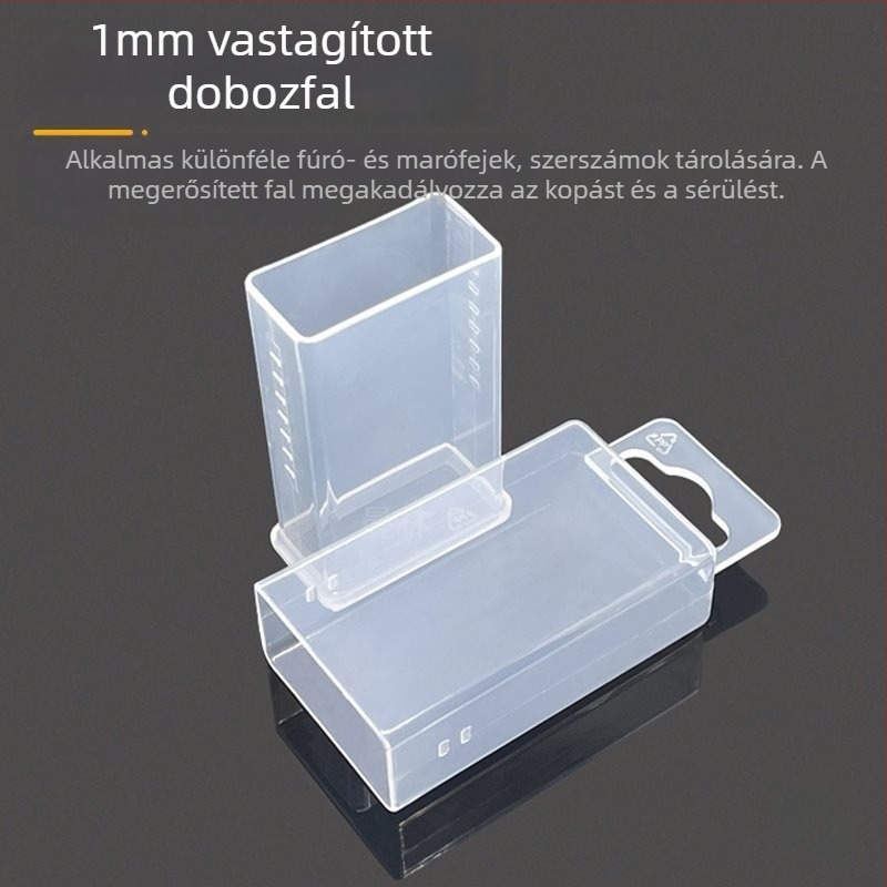 Teleszkópos, téglalap alakú tárolódoboz fúrófejek és marók számára, anti-statikus műanyagból