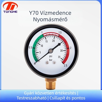 Víztartály nyomásmérő precíziós – Modell Y70, Típus: Nyomásmérő, Mérési tartomány 0-2.5, Pontosság 2.5, Csatlakozás: manuális