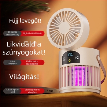 Asztali ventilátor szúnyogirtóval, 2 az 1-ben, kültéri kempingezéshez, beépített 2000–4000 mAh akkumulátor, 5V/5W, brushless motor, 5 lapát
