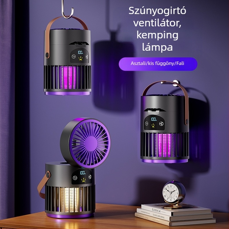 Asztali ventilátor szúnyogirtóval, 2 az 1-ben, kültéri kempingezéshez, beépített 2000–4000 mAh akkumulátor, 5V/5W, brushless motor, 5 lapát