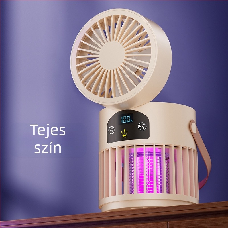 Asztali ventilátor szúnyogirtóval, 2 az 1-ben, kültéri kempingezéshez, beépített 2000–4000 mAh akkumulátor, 5V/5W, brushless motor, 5 lapát