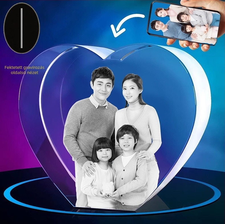 Kristály Szív – 3D lézerrel gravírozott kisállat portré a díszdobozon, anyaga: kristály, modern minimalista stílus, nettó tömeg 1,7 kg