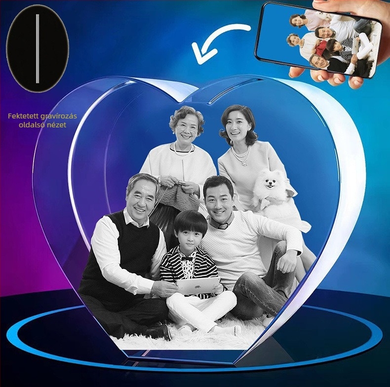 Kristály Szív – 3D lézerrel gravírozott kisállat portré a díszdobozon, anyaga: kristály, modern minimalista stílus, nettó tömeg 1,7 kg