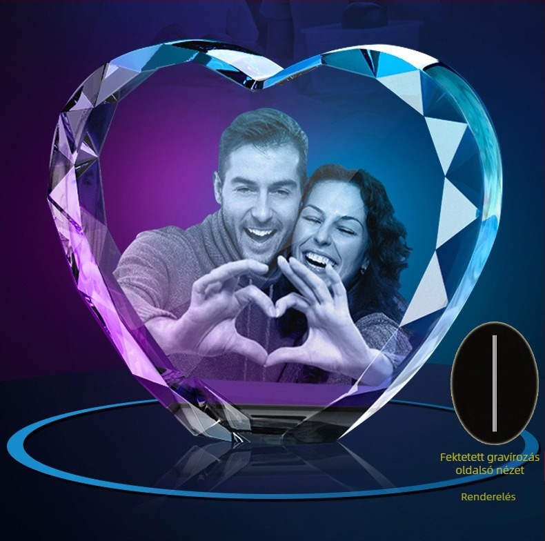 Kristály Szív – 3D lézerrel gravírozott kisállat portré a díszdobozon, anyaga: kristály, modern minimalista stílus, nettó tömeg 1,7 kg