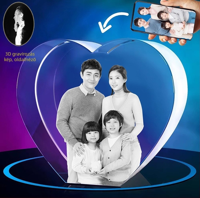 Kristály Szív – 3D lézerrel gravírozott kisállat portré a díszdobozon, anyaga: kristály, modern minimalista stílus, nettó tömeg 1,7 kg