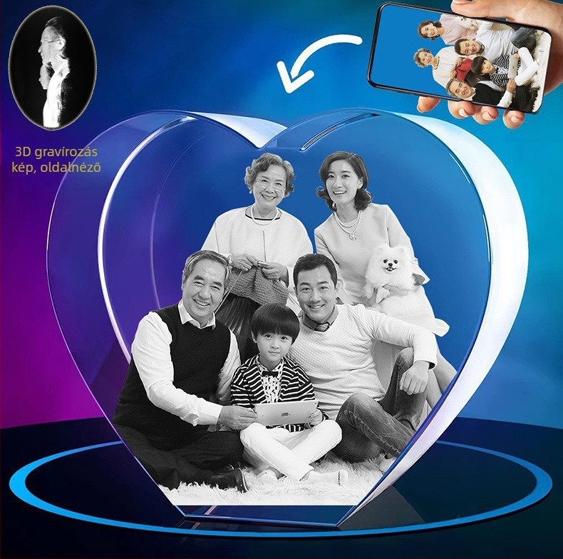 Kristály Szív – 3D lézerrel gravírozott kisállat portré a díszdobozon, anyaga: kristály, modern minimalista stílus, nettó tömeg 1,7 kg