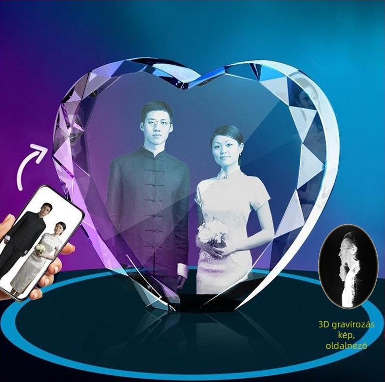 Kristály Szív – 3D lézerrel gravírozott kisállat portré a díszdobozon, anyaga: kristály, modern minimalista stílus, nettó tömeg 1,7 kg