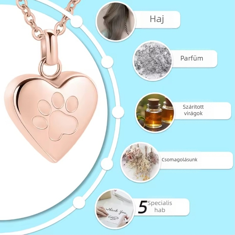 Szív alakú titán‑acél nyaklánc háziállat hamujának megőrzésére, nyitható parfümös üveggel, csiszolt felülettel