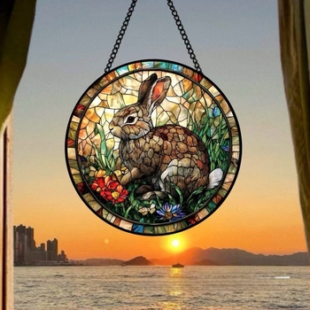 Kerek üveg húsvéti ajtódísz nyuszi és tojás motívummal, retro vitrázs napfényfogó, nyomtatott felülettel