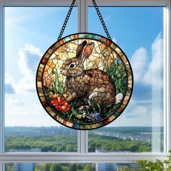 Kerek üveg húsvéti ajtódísz nyuszi és tojás motívummal, retro vitrázs napfényfogó, nyomtatott felülettel
