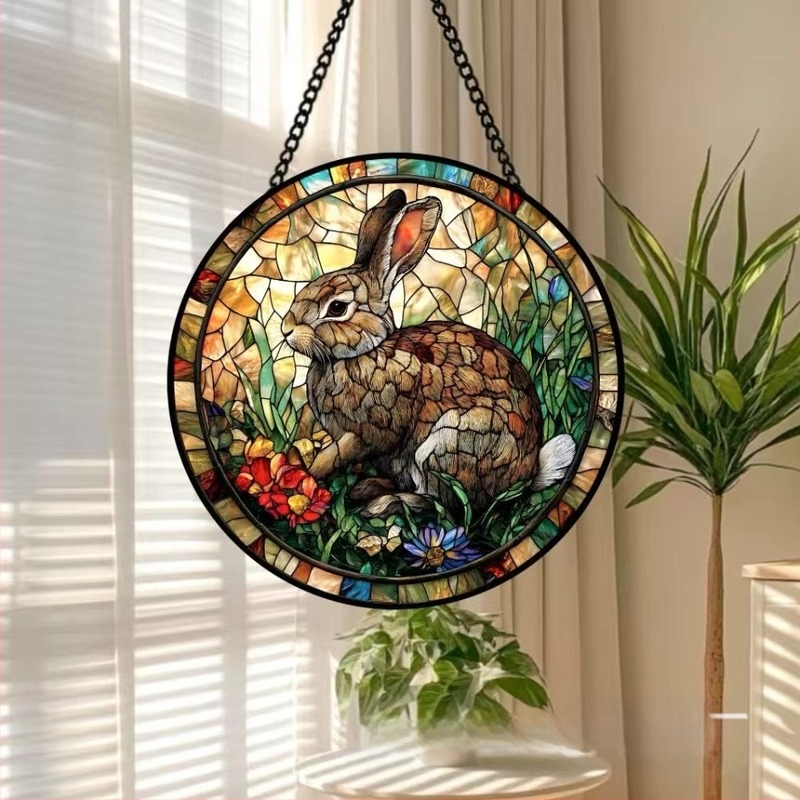 Kerek üveg húsvéti ajtódísz nyuszi és tojás motívummal, retro vitrázs napfényfogó, nyomtatott felülettel