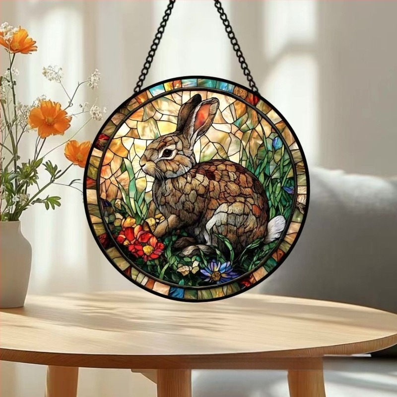 Kerek üveg húsvéti ajtódísz nyuszi és tojás motívummal, retro vitrázs napfényfogó, nyomtatott felülettel