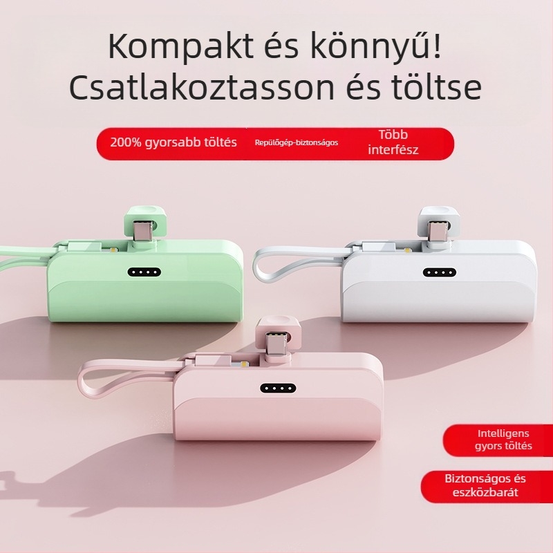 Kapszula formájú hordozható power bank, 5000mAh, 10W gyorstöltés, 5V bemenet, AFC protokoll